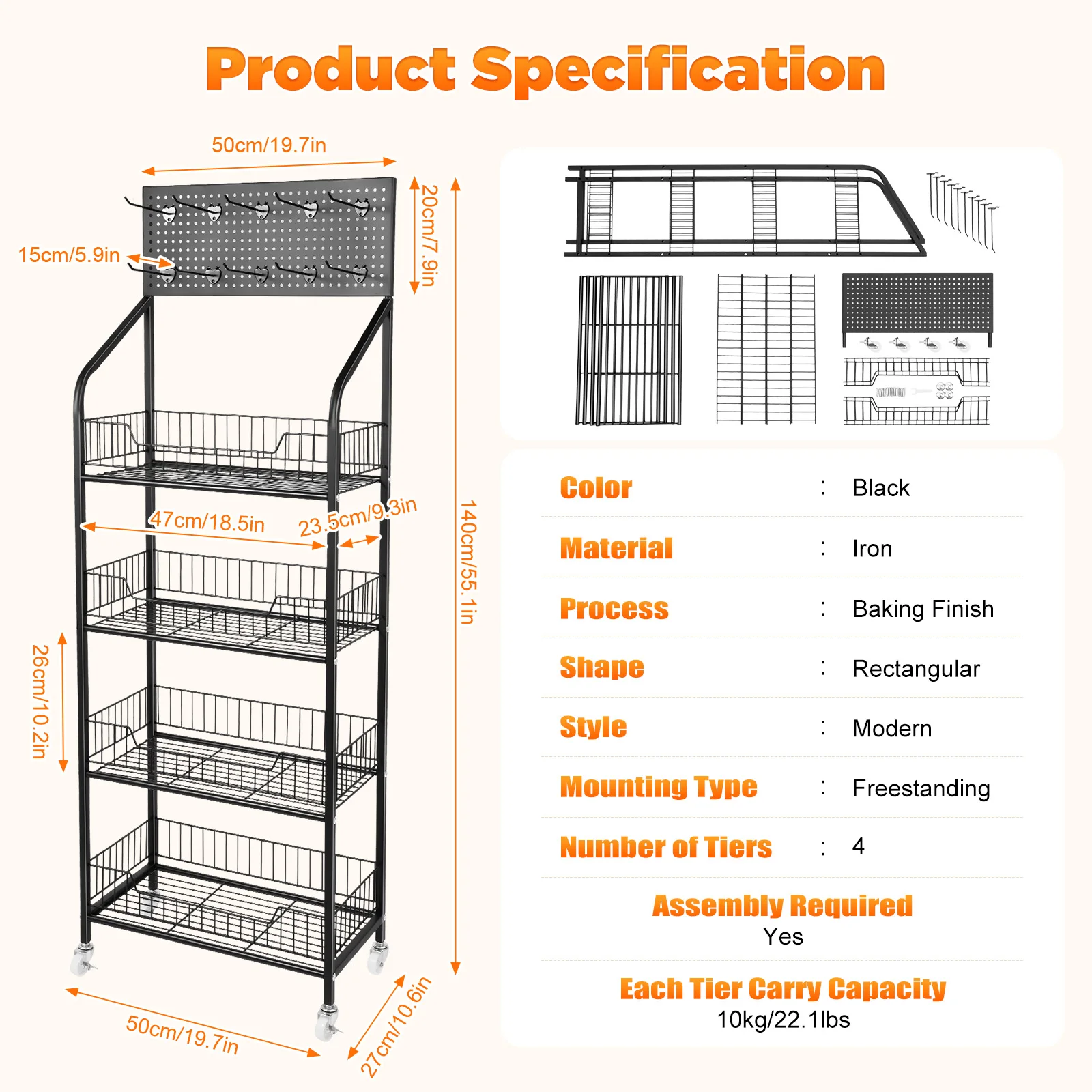 4-Tier Retail Display Rack Large Storage Organizer Shelf Snack Display Rack Metal Freestanding Candy Display Stand with Wheels