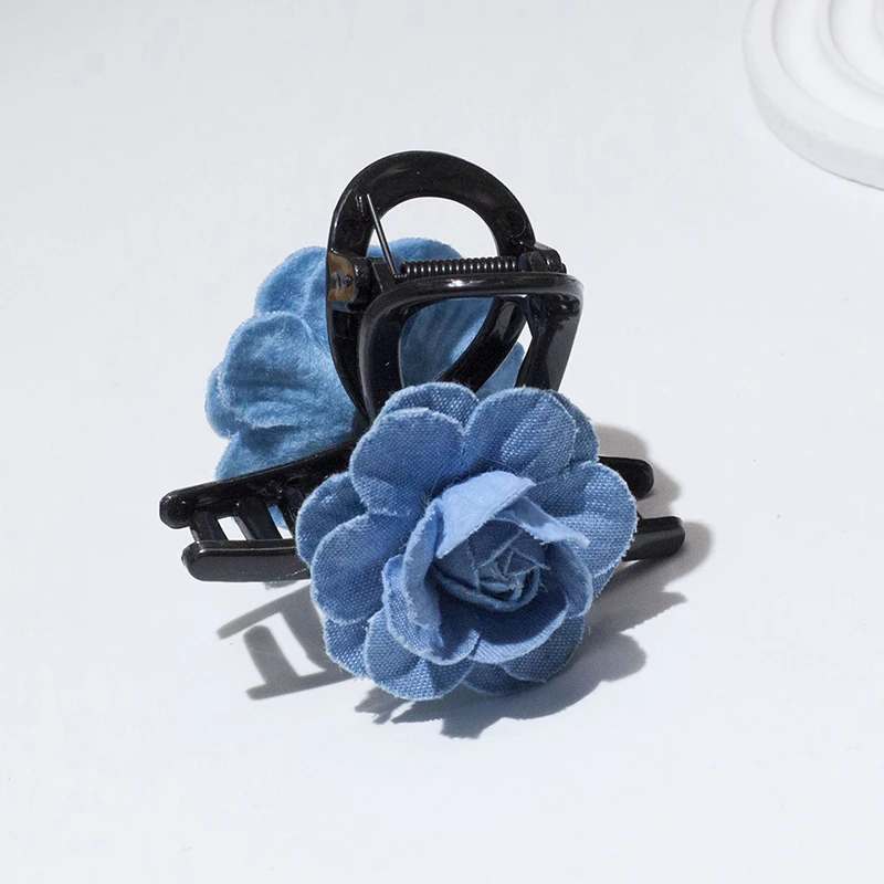 مشبك شعر من أزهار الورد من قماش الدنيم من Lystrfac للنساء والفتيات، مشبك شعر على شكل سمكة قرش، مشبك شعر خلفي، إكسسوارات للشعر #5