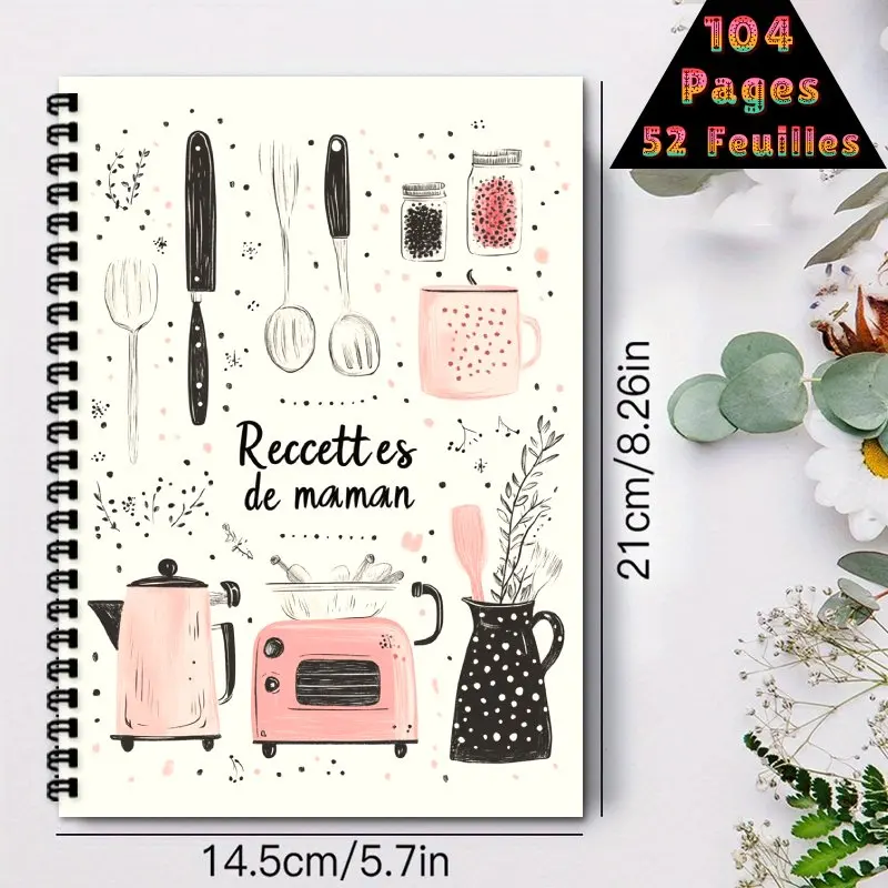 A5 French cookbook,Spiral Binding,Can Hold Up to 100 Recipes,Kitchen Themed Mom's Recipe Journal,with Cooking Utensils Design