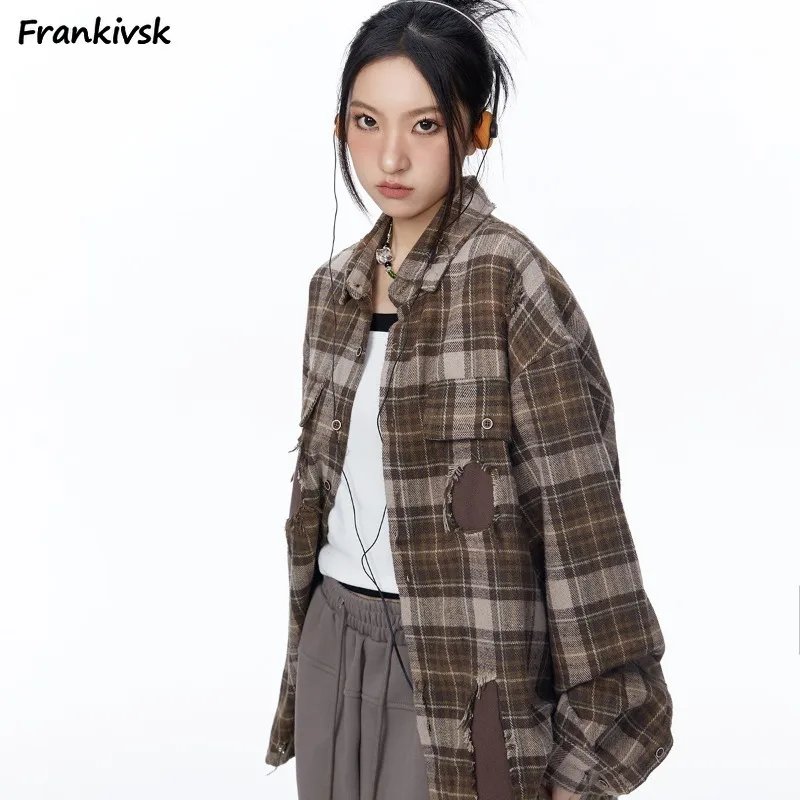 Patchwork Vintage Jackets Women Plaid Tops Outerwear All-match Casual Hip Hop Baggy Comfortable Long Sleeve American Style Daily