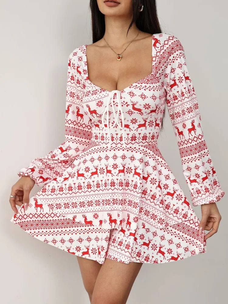 Uoozee – barboteuse imprimée de renne de noël pour femmes, rouge et blanc, manches longues, col carré, dos nu, cordon de serrage, à volants à plusieurs niveaux