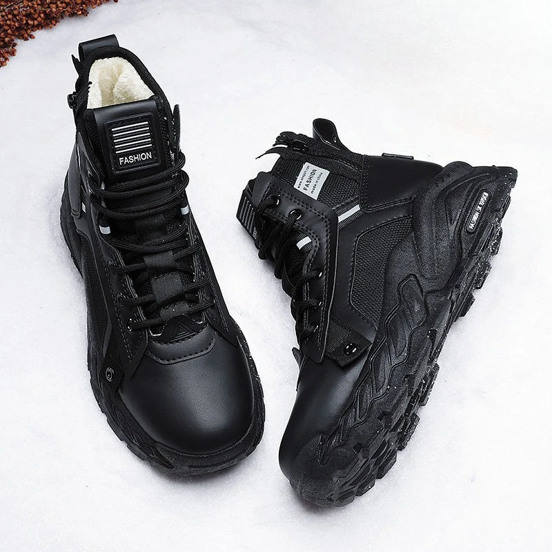 Men's Teens Warm Sports Shoes High Top Cotton Padded Fleece Lined Thickened Wear Resistant Winter for Northeast Cold Protection