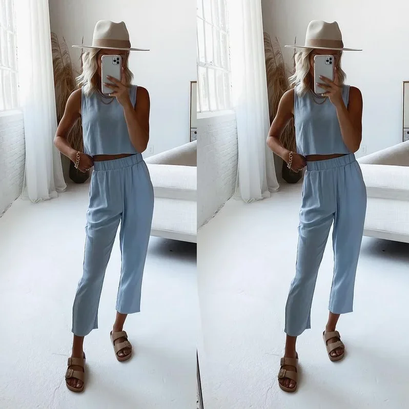 Frauen Urlaub Zwei-stück Set Ärmellose Tank Top Weste & Lose Hohe Taille Hosen Set Hause Lose