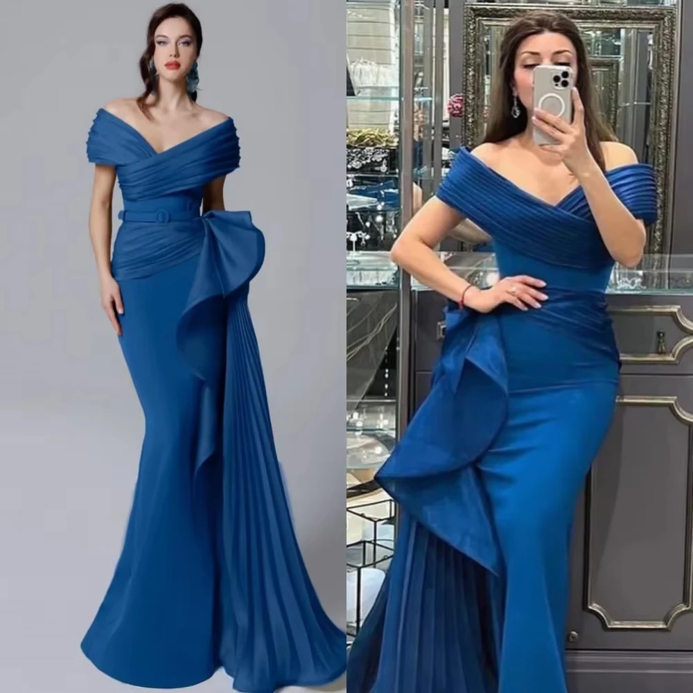 

Blue Off the Shoulder Evening Dresses 2025 Satin V-Neck Belt Pleated Mermaid Floor-Length Wedding Party Dresses Customized