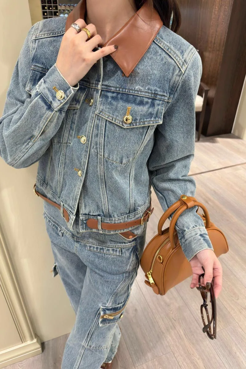 

Street style women's jacket fashionable and trendy leather edging, worn denim jacket with polished white finish