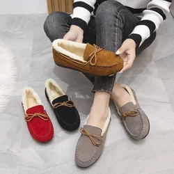 Winter Women's Shoes Casual Flat Shoes Women's Moccasins Fashionable and Comfortable Warm Plush Bow Slip-on Cotton Shoes