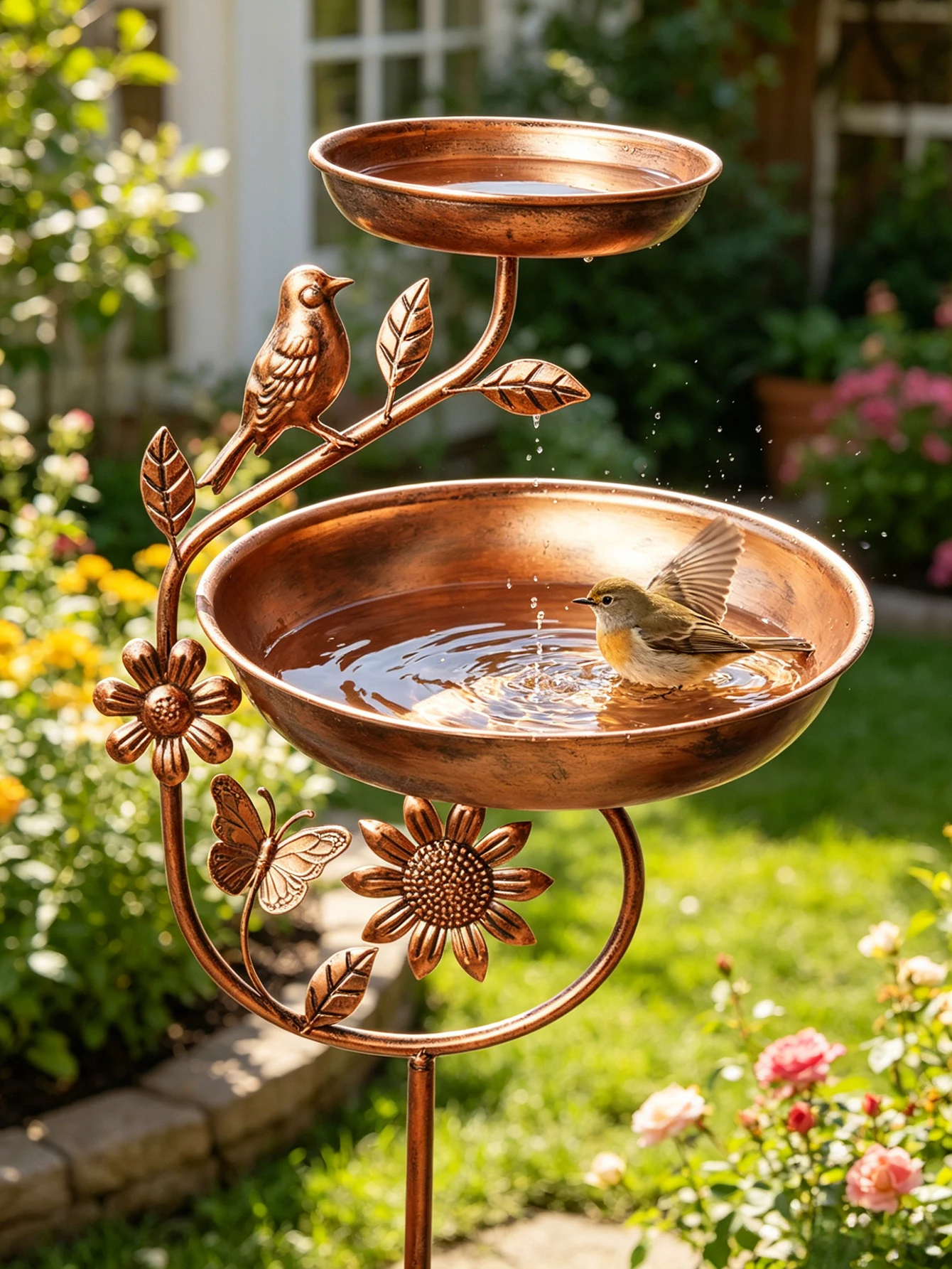 1 bain pour oiseaux en métal pour jardin - Conception à double cuvette détachable, avec base à cinq griffes, construction robuste et durable, peut servir de mangeoire et d'abreuvoir pour oiseaux. Parfait pour la décora