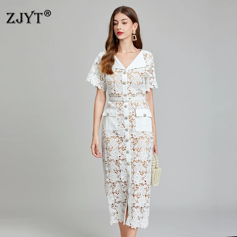 

ZJYT Elegant Summer Womens Party Dresses 2024 Fashion Short Sleeved Hollow Out Crochet Lace Dress White Vestidos Midi Robe Femme