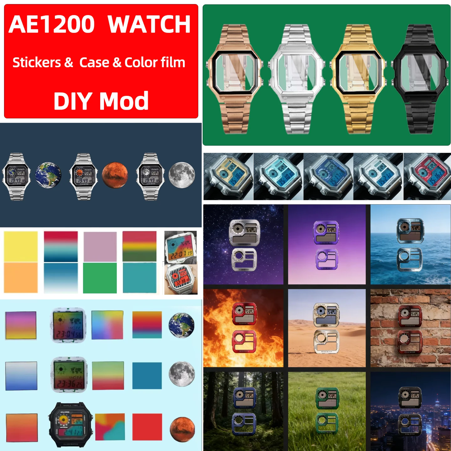 Top Quality AE1200 Sticker&Dial&Shell Watch Mod Kit For Casio AE1200 3299 Movement Copper Watch Faces And steel Case&Watchband