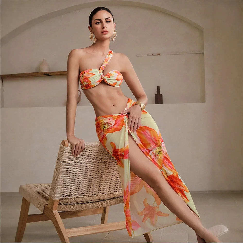 واحد الكتف قطعتين دعوى البيكينيات 2026 النساء ملابس السباحة رفع ثوب السباحة مثير مجموعة البكيني ملابس السباحة طباعة بحر Biquini