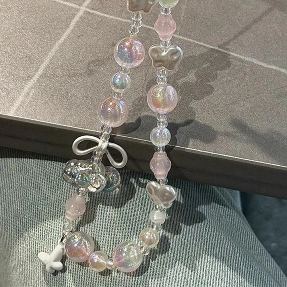 Ins Korean Pearl Beaded Phone Charm Y2K Butterfly Ribbon Phone Strap Cute Wristlet Lanyard for iPhone Case Bag Hanging Decor view 2
