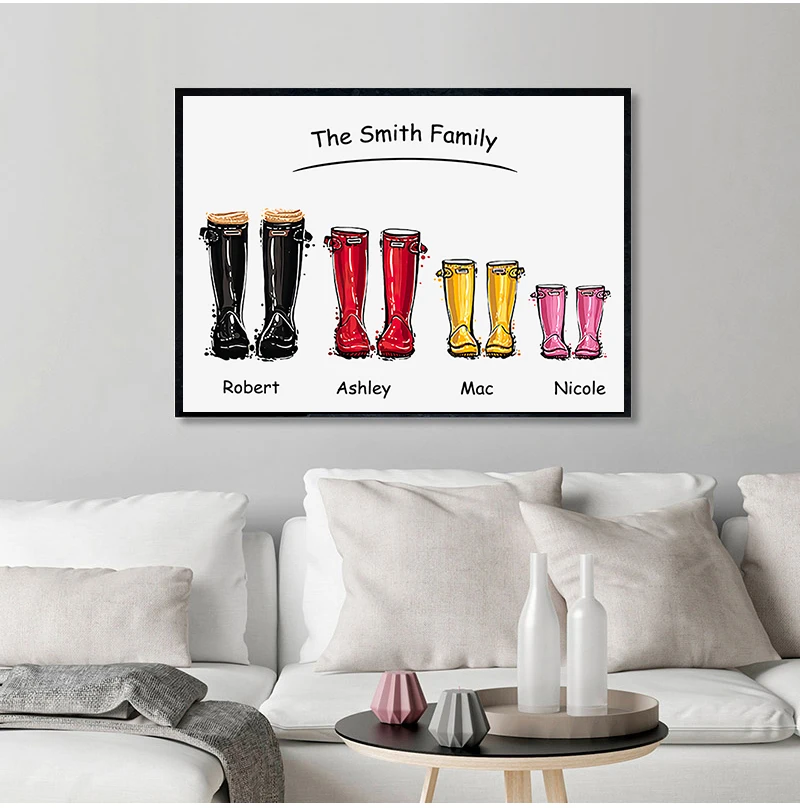 Custom Family Print Gift Personalised  Wellies Wall Art Canvas Painting Wellington boot Wall Pictures For Liveing Room