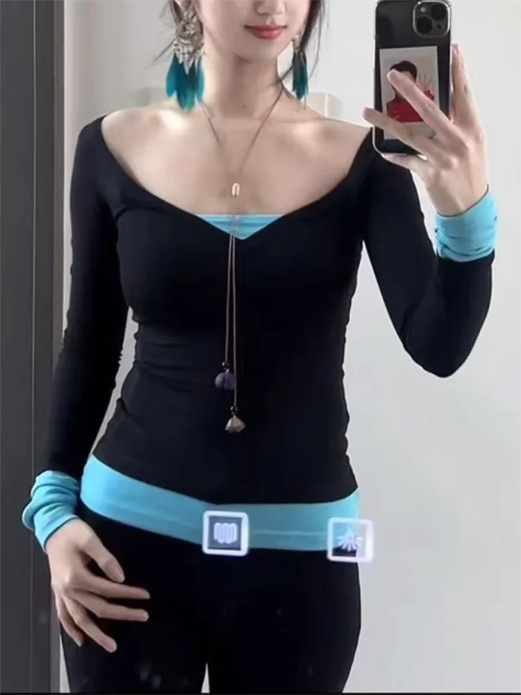 

Women's T-shirt Fashion Chic Design Fake Two Piece Long Sleeved T-shirt for Autumn Slim Bottom Top Black PatchworkTee Clothes