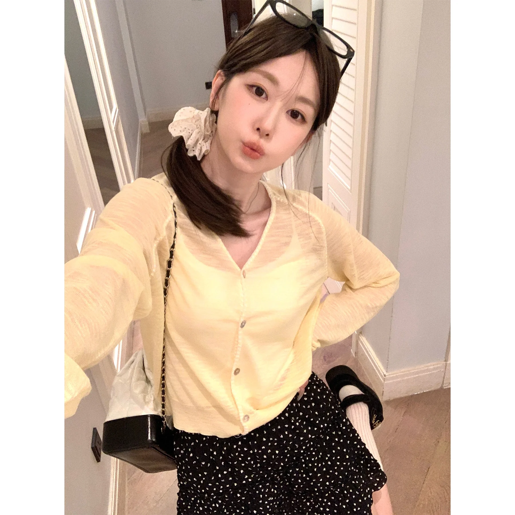 

Sun Protection V-Ne ort Knitted Long Sve Cardigan Women's Summer Thin Outerwear Air Conditioning irt Korean Sle Lo...