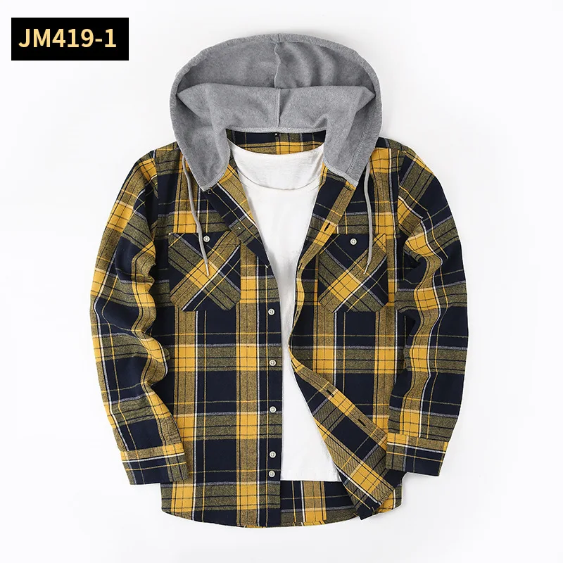 

Loose Casual Flannel Long Sleeve Hooded Plaid Shirt for Men Brushed Shirt