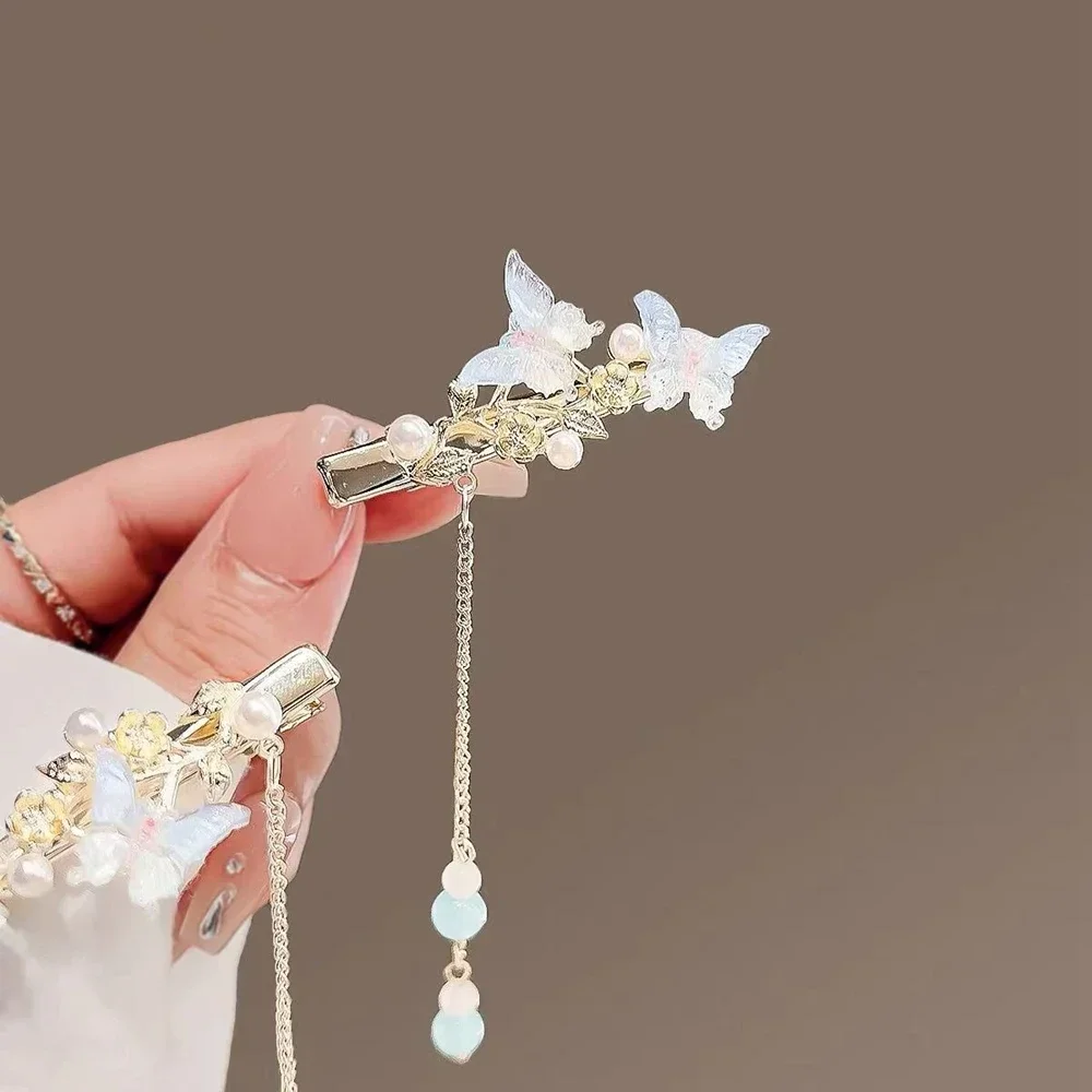 مشبك شعر أنيق على شكل فراشة، مخلب سرطان البحر على الجزء الخلفي من الرأس، دبوس شعر لؤلؤي، مشبك شرابة #4