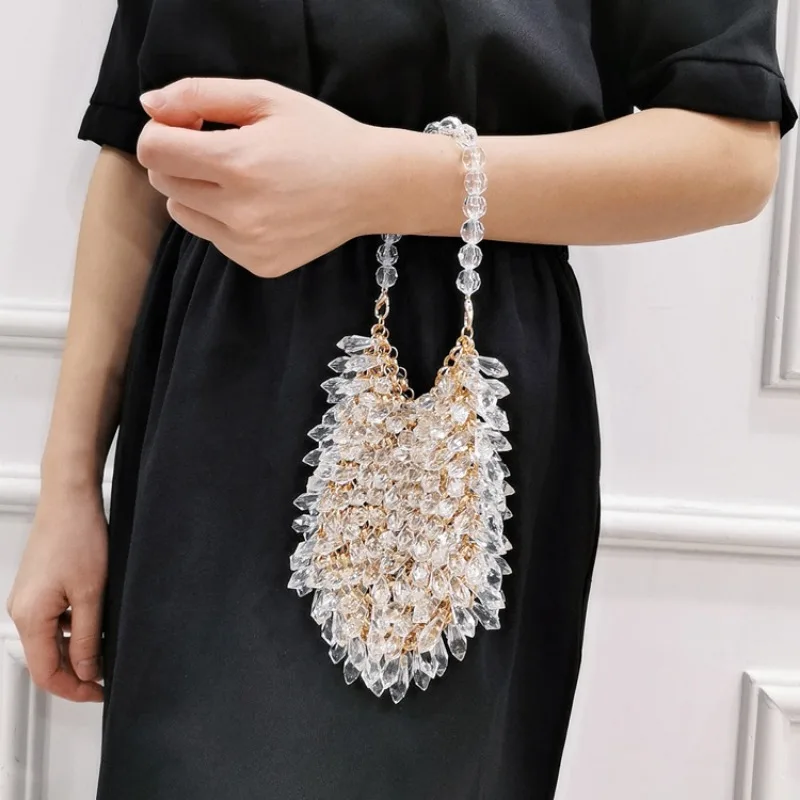 Customized Crystal Bag Luxury Handmade Hanging Ring Beaded Weaving Acrylic Metal Women\'s Handbag Party Banquet Evening Bags