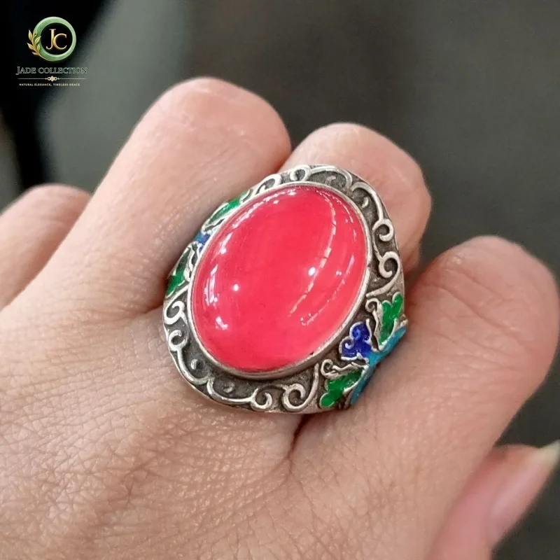 Vintage Antique Coral Inlay Silver Ring, Tibetan Style Bold Open Thumb Ring