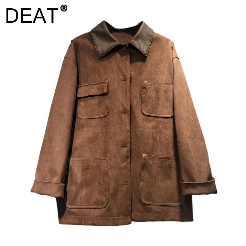 DEAT Women's Coat Lapel Vintage Single Breasted Pockets Suede Brown Loose Female Cargo Jackets 2024 New Fashion Autumn 29L8769