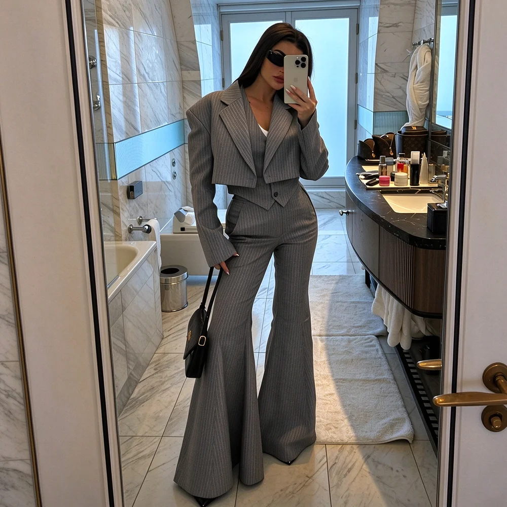 Light Grey Stripe Women's Suit 3 Piece Short Blazer Smart Casual Outfit Office Wear Jacket Vest Flare Pants Female Clothing