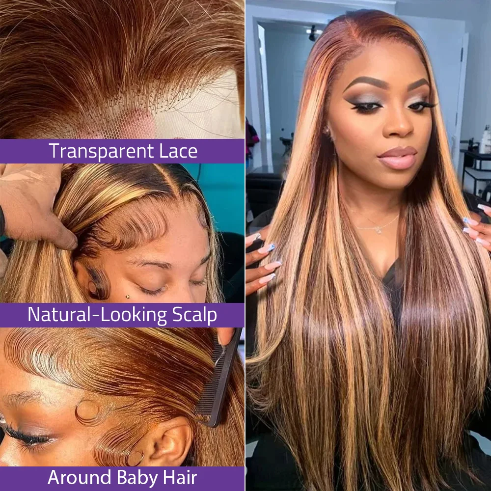 

Парик из бразильских натуральных волос 13x6 Highlight Bone Straight с кружевной передней частью, плотность 200%, цвет P4/27 коричневый, парик с кружевной передней частью 13x4 HD для женщин