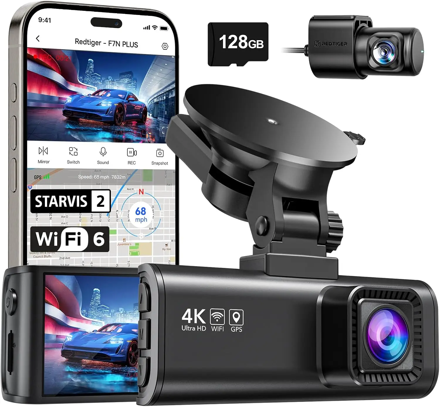 4K Dash Cam Front Rear STARVIS 2 Sensor Free Card Included 5.8GHz WiFi 20MB s Download WDR Night Vision Wide Angle G sensor Inci