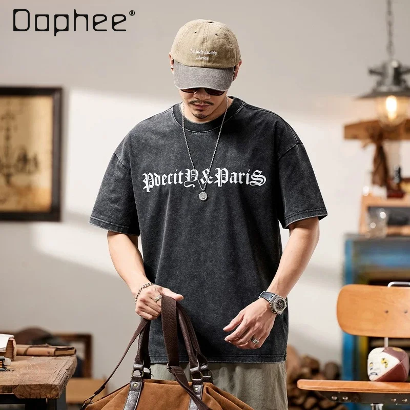 

Summer Men Vintage Washed Gothic Purple Blue Letter Print Round Neck T-Shirt Oversized Loose Casual Short Sleeve Green Tee