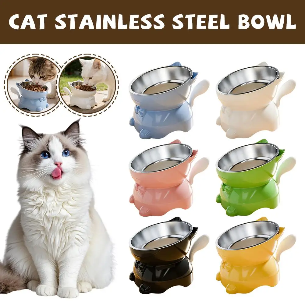 1 pièce Gamelle surélevée pour chat en acier inoxydable, inclinée pour nourriture et eau, avec support à oreilles mignonnes, conception de protection du cou pour chats