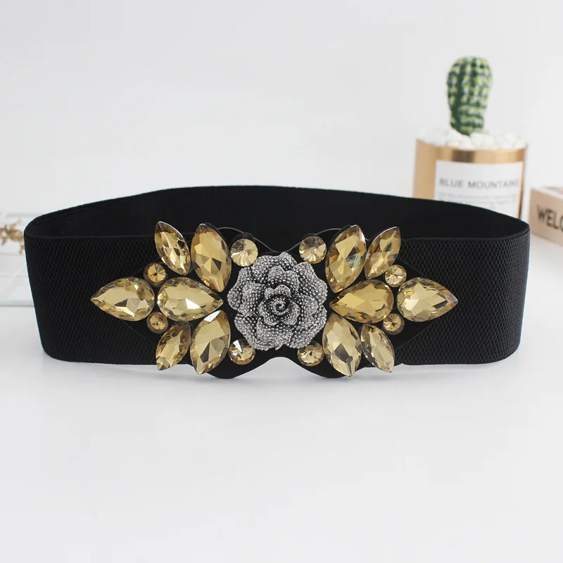 Female Rose Flower Rhinestone Elastic Waistband Tight Black Belt for Women Waist Cinch Band Dress Overcoat Clothing Accessories