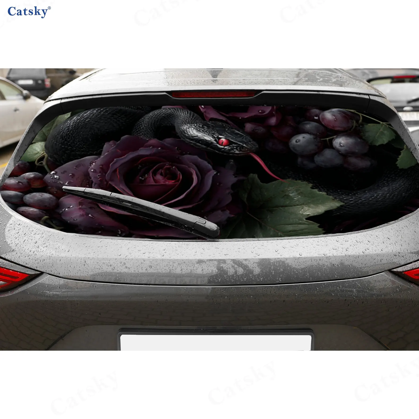 Grapes Surround Black Snake PVC Perforated Car Vinyl Wrap, Durable Car Rear Windshield Sticker, Waterproof Car Rear Window Decal