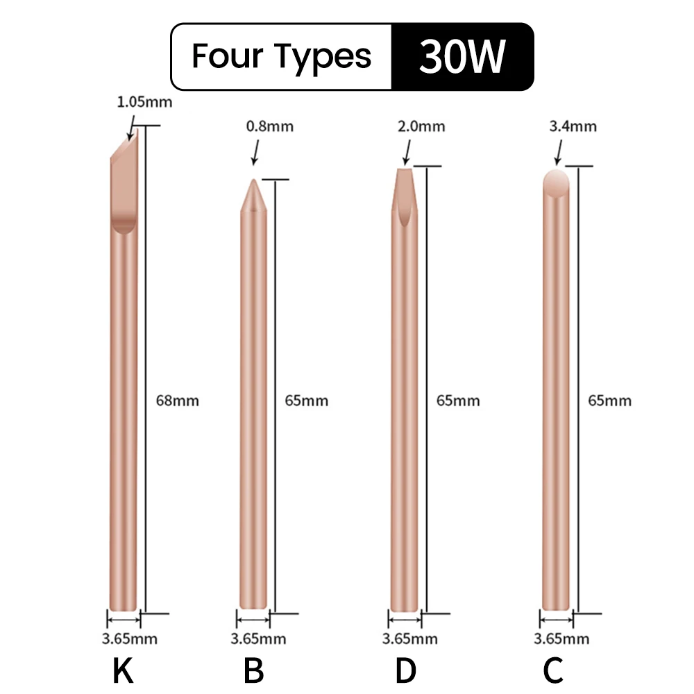 4pcs External Heat Solder Iron Tip B C D K Pure Copper Solder Head 30W 40W 60W Replacement Tip Welder Repair Tools