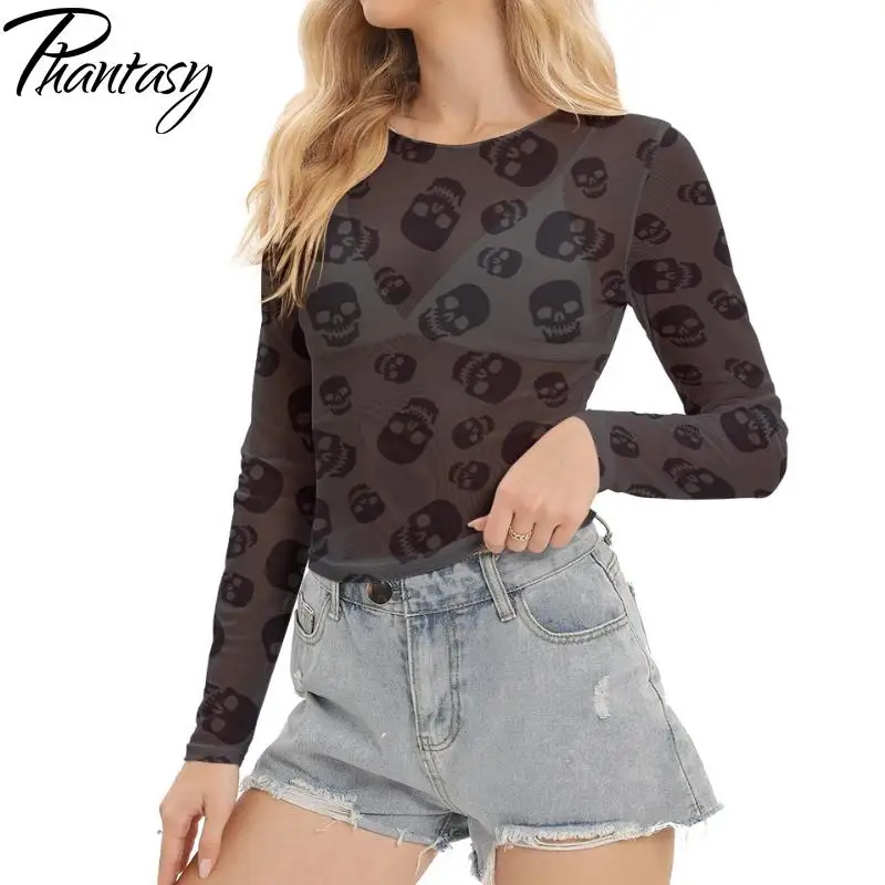 Phantasy Gothic Mesh Visible Shirt Women Long Sleeve T Shirt O Neck Skull Pattern Tops Casual Female Tees Halloween Outfit