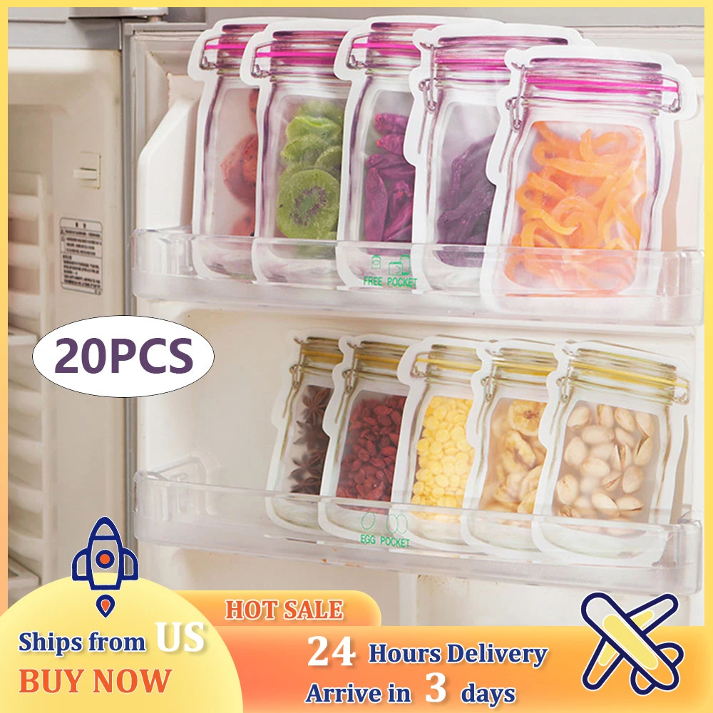 20Pc Self-Seal Food Storage Bags Reusable Mason Jar Bottles Keep Fresh Bags for Kitchens Baking Biscuits Sweets Snack Bag 3-Size