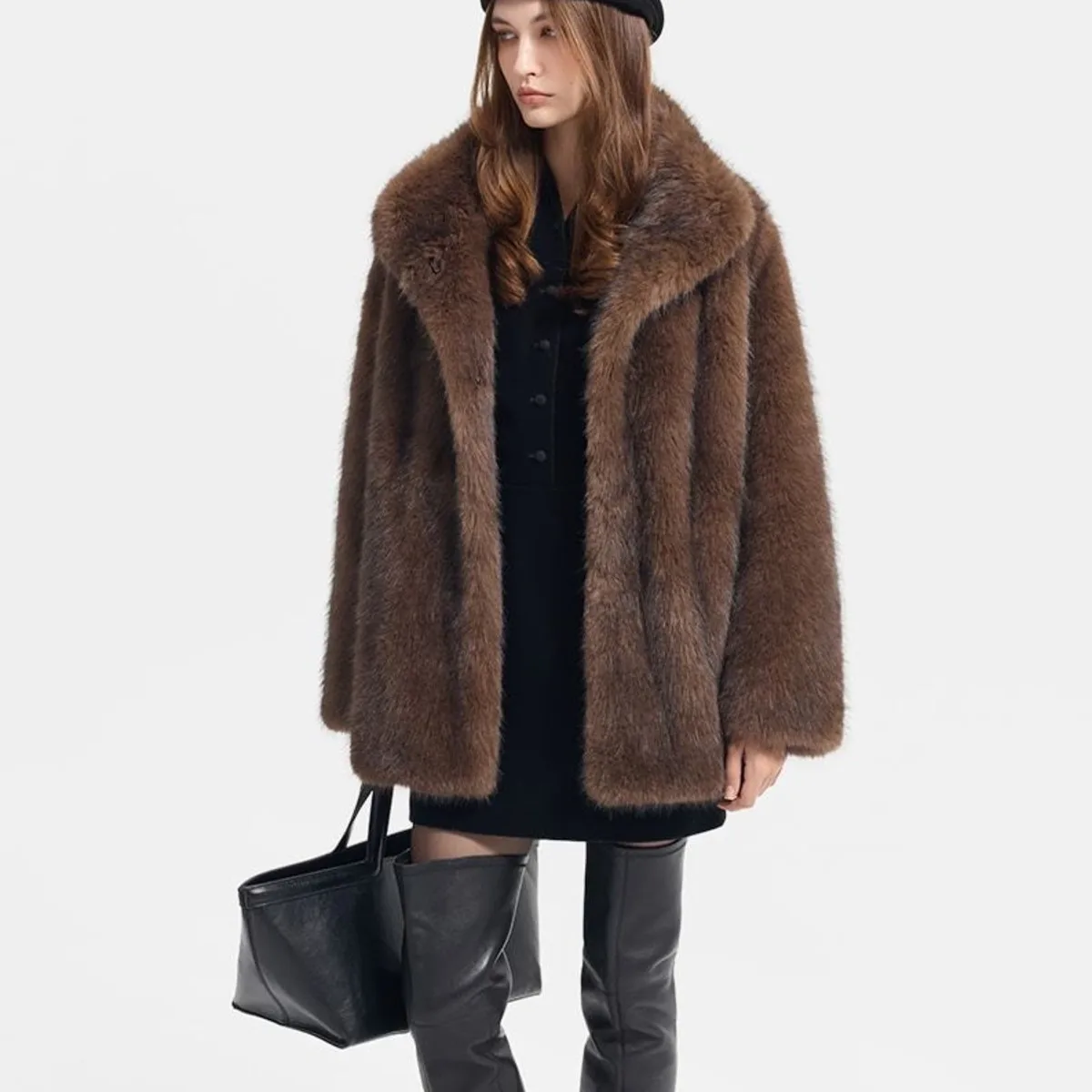 IG Women Brown Oversized Wide Lapel Mid-Length Coat, Hidden Placket Side Pockets, Winter Warm Vintage Casual Outerwear
