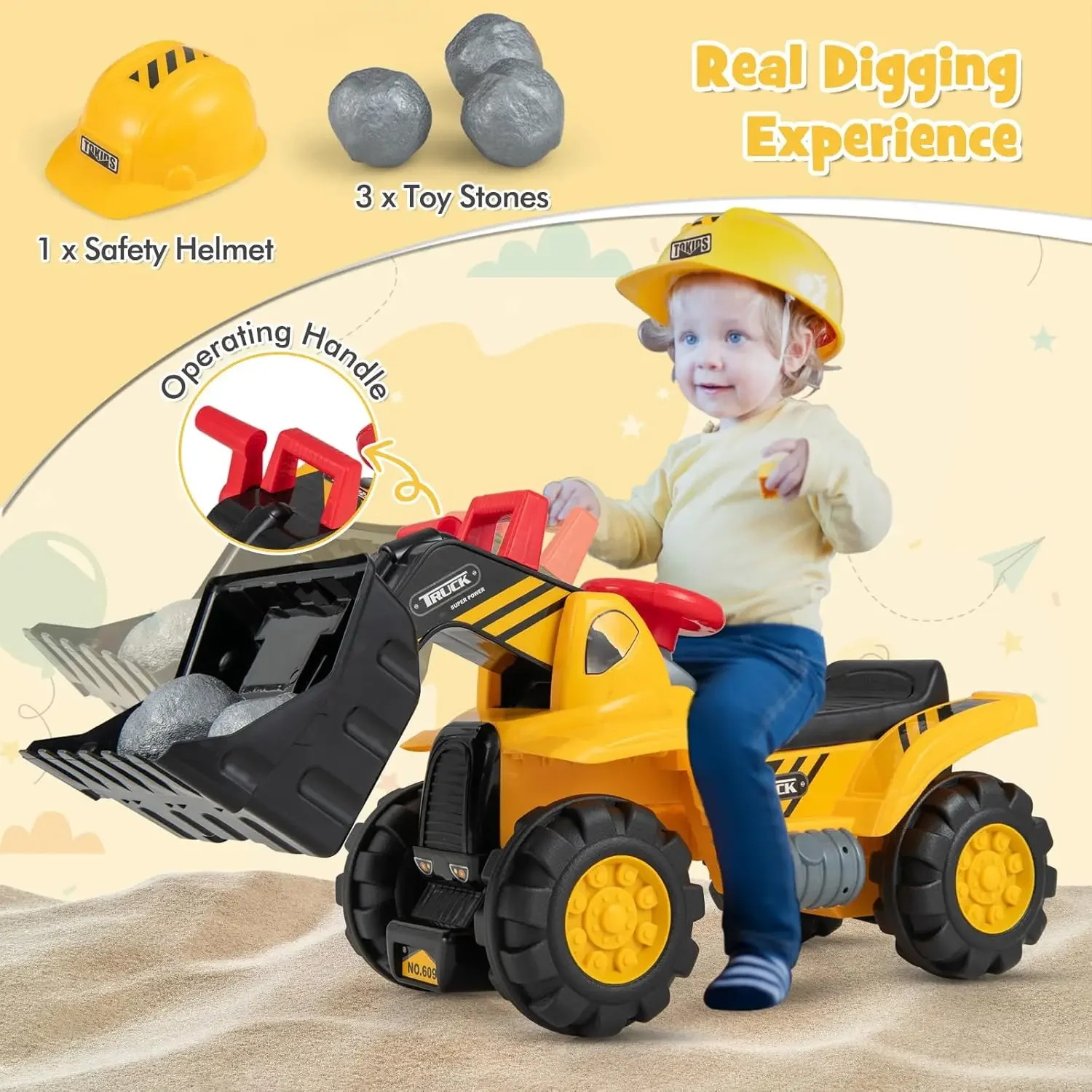 Ride on escavatore, nessun giro di potenza su veicoli da costruzione per bambini, casco, 3 rocce giocattolo, benna regolabile, corno, Ride on Loader