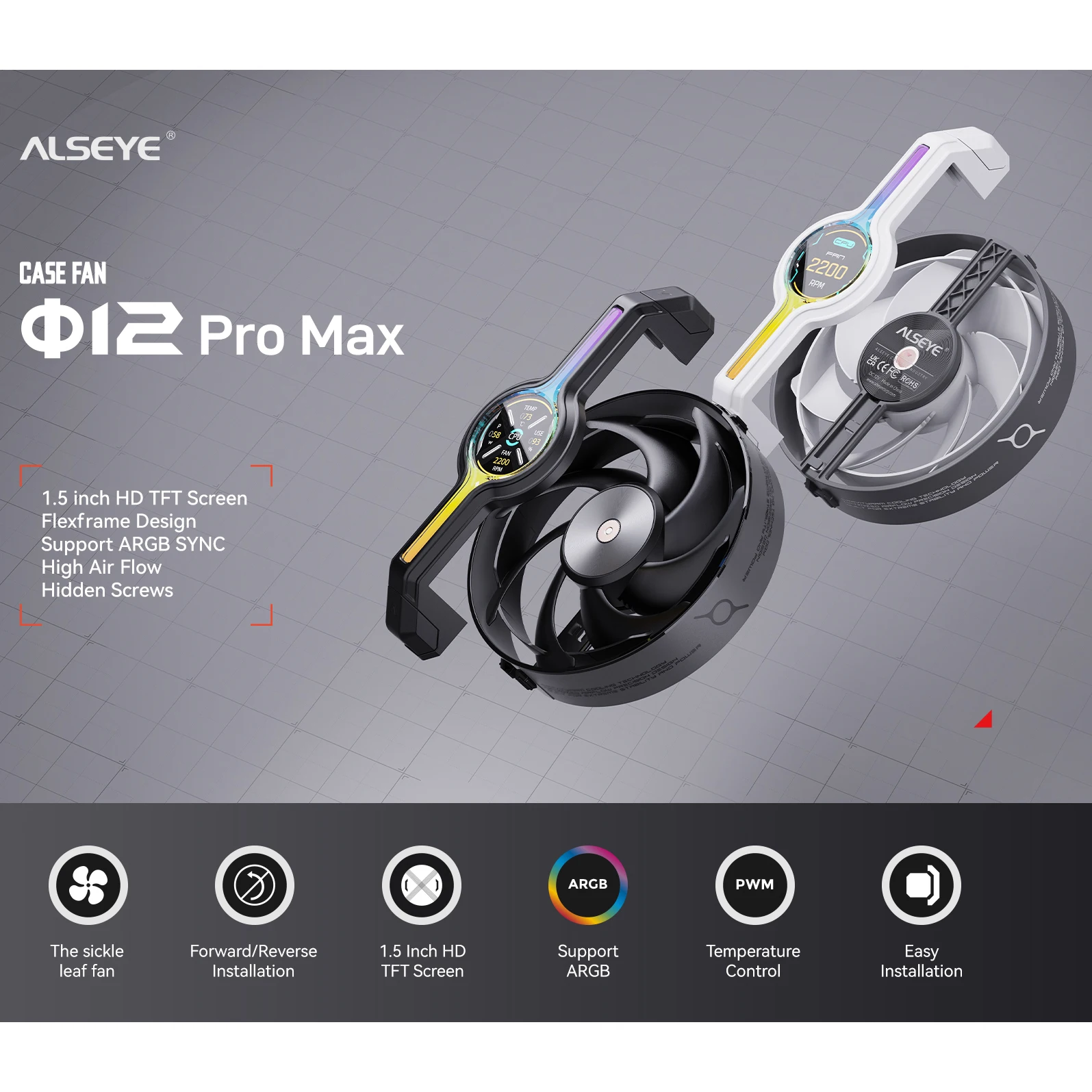 

Вентилятор ALSEYE Φ12 Pro Max с 1,5-дюймовым HD-экраном, настраиваемыми анимациями, ARGB, управлением PWM и скрытыми винтами для компьютерного оборудования