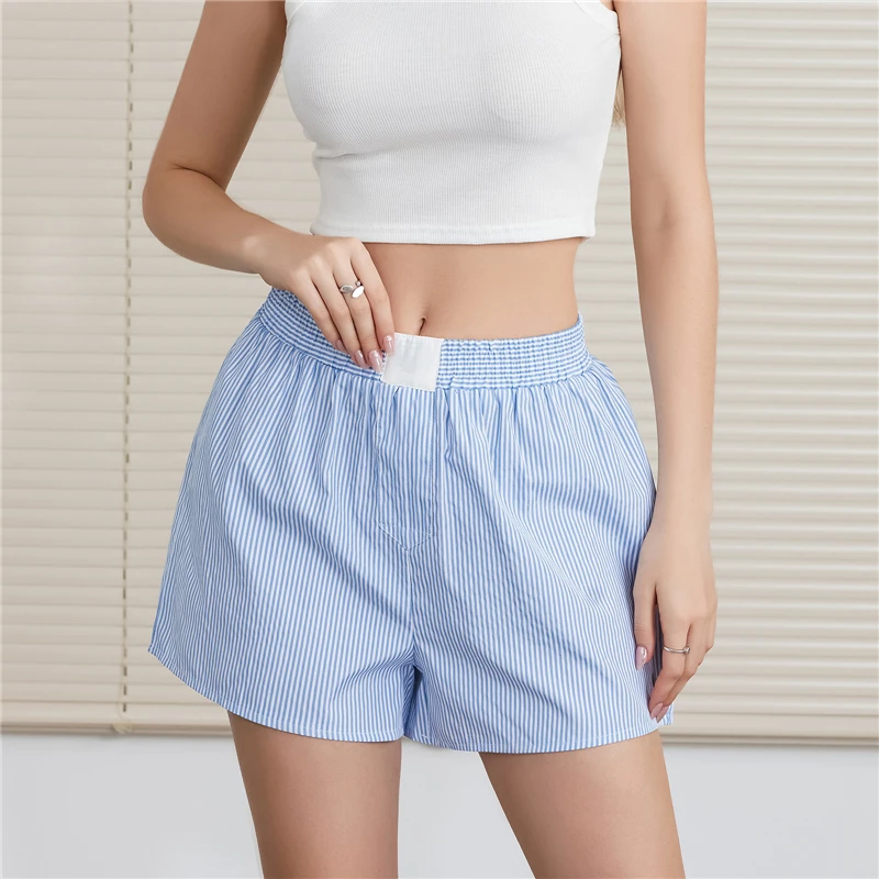 Women Y2K Stripe Pajamas Shorts Elastic Waist Wide Leg Gingham Boxer Lounge Shorts Checked Pj Bottom Going Out Shorts