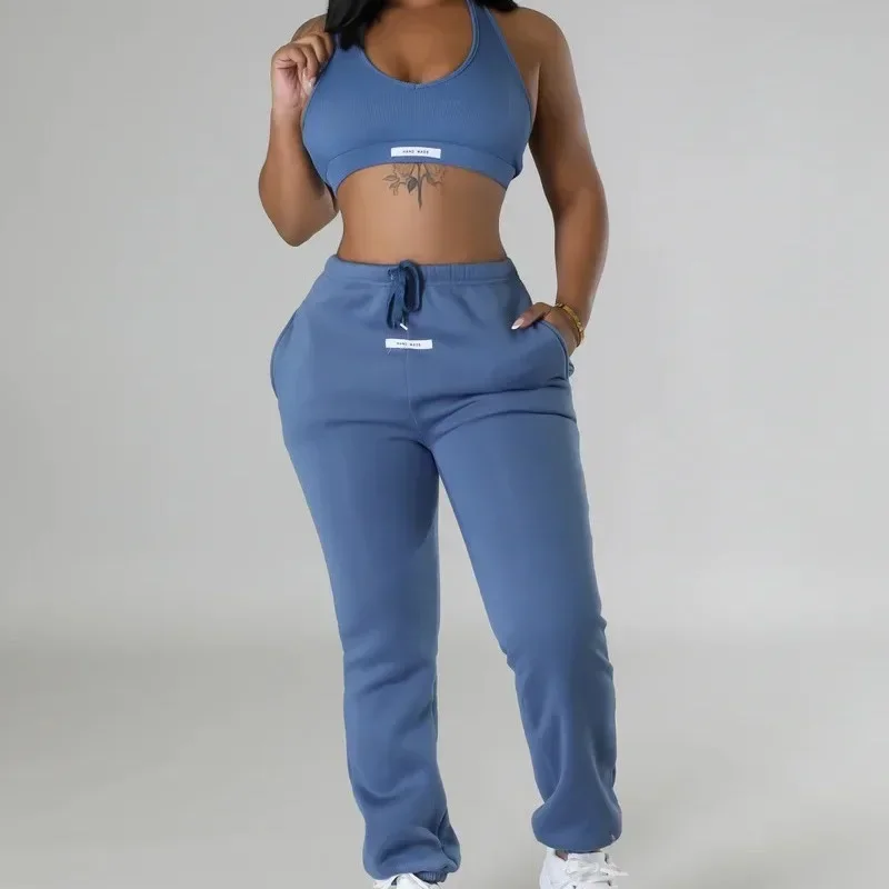 

2025 Spring New Sporty Two Piece Set Girl Halter Crop Tops+Drawstring Sweatpants Slim Activewear Casual Gym Womens Outfits Y2k
