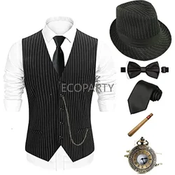 1920s Suit Vest Slim Stripe Single Breasted British Casual Shirt Fedora Hat Gatsby Gang Vintage Pocket Watch Smoke Pipe Bow Tie