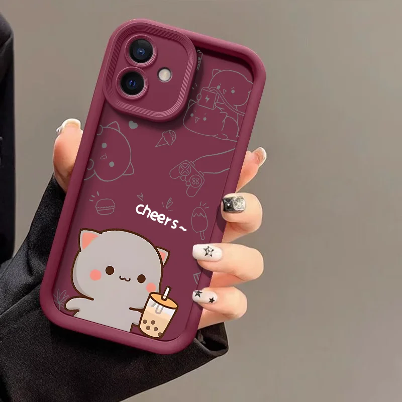 Cartoon Peach Mochi Cat Couple Case for Xiaomi 14T 13T Pro Redmi Note 10 12 13 14C 9 Poco M6 Lite Cute Animal Paired Soft Cover