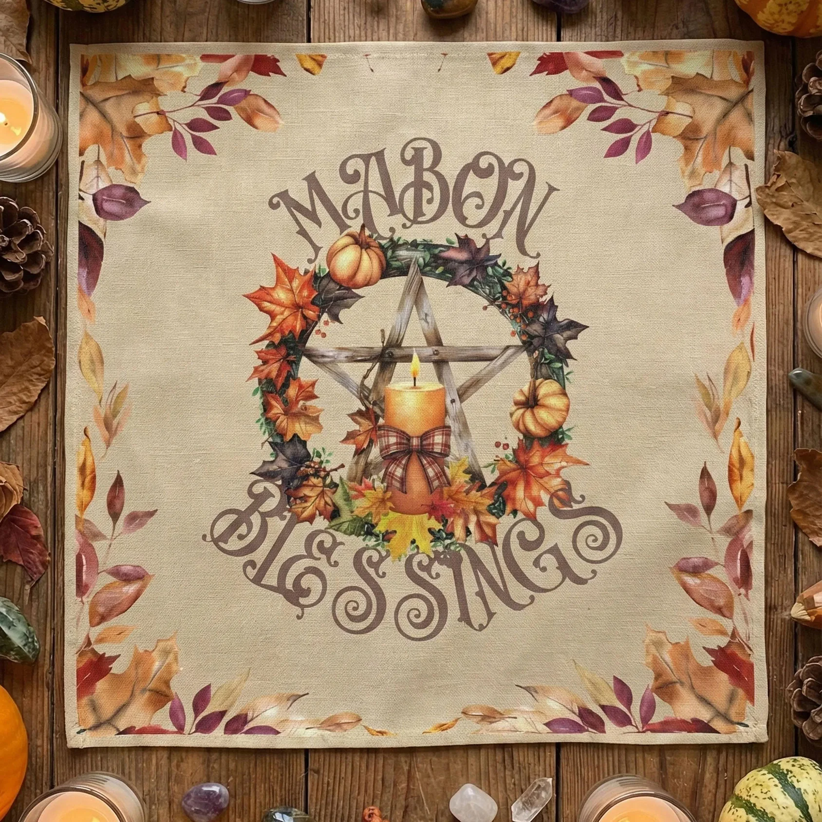 Mabon Blessings Pentagram Altar tablecloth, Autumn Equinox Tarot Mat, Pagan Witchcraft Decor, Wiccan Sabbat Gift