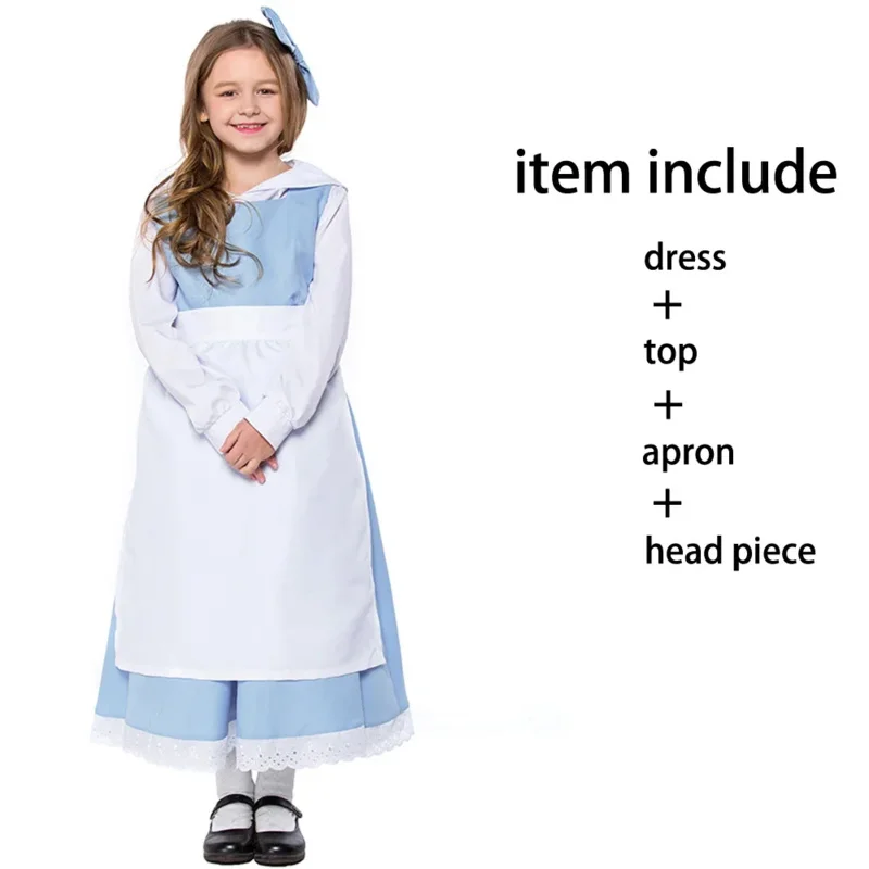 Deluxe Child Beauty And The Beast Belle Maid Cosplay Costume Girl Servant French Halloween Purim Book Week Fancy Dress IA2361