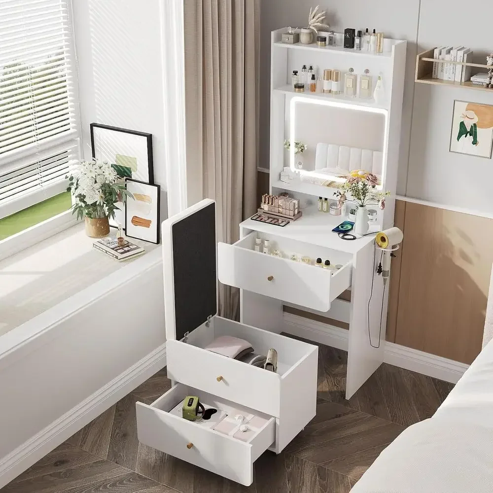 White Makeup Vanity Desk with Mirror, Lighted Vanity Table Set, Small Vanity with Storage and Chair