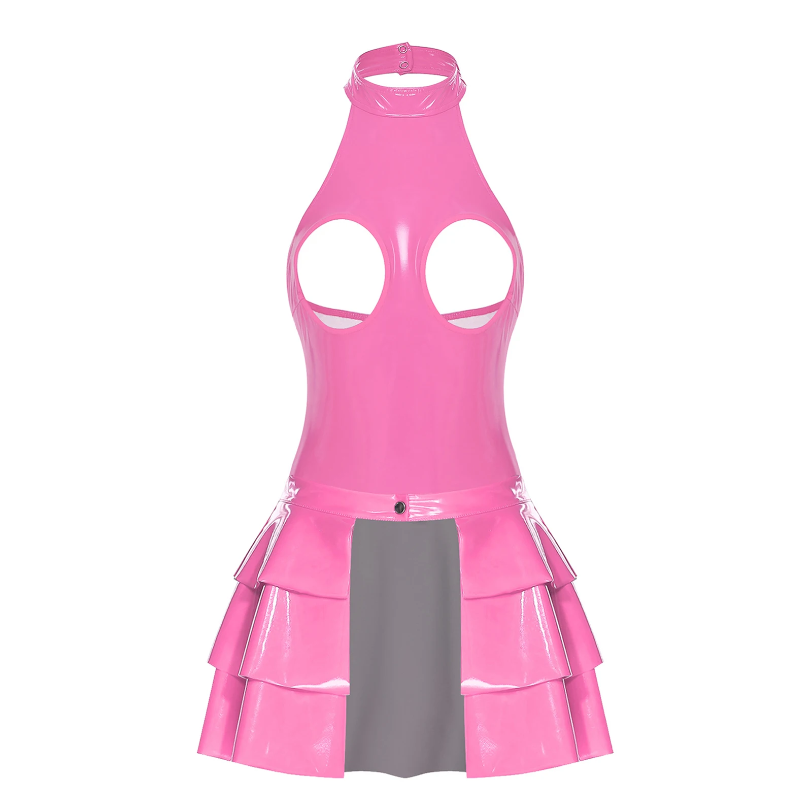 

Women Glossy PU Leather Clubwear Cutout Chest Halter Bodysuit and Tiered Ruffled Miniskirt for Rave Party Halloween Cosplay Set