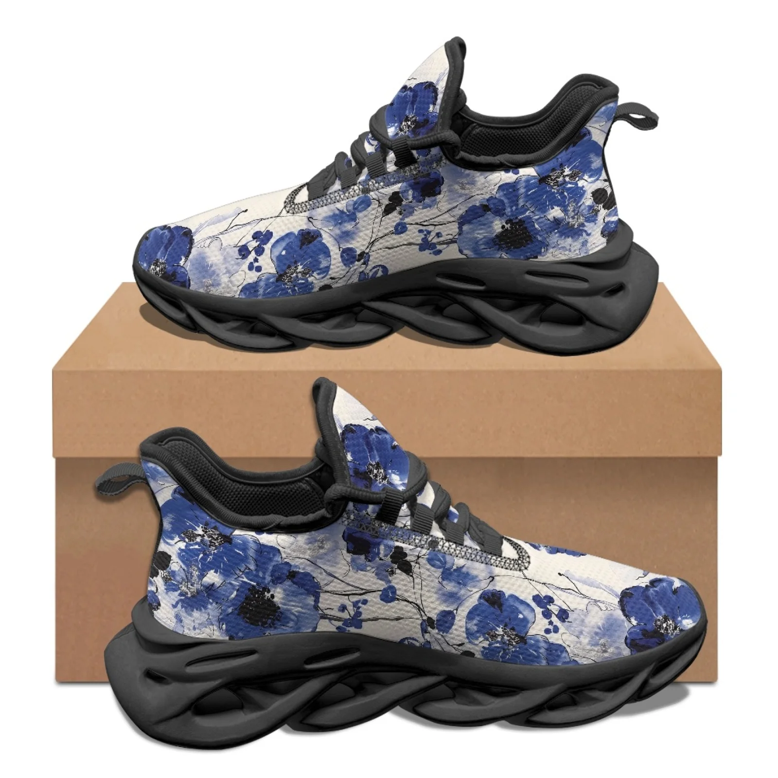 PENSTROLL Lightweight Tennis Running Shoes Lace-Up Athletic Sneakers for Walking Mens Blue Ink Flower