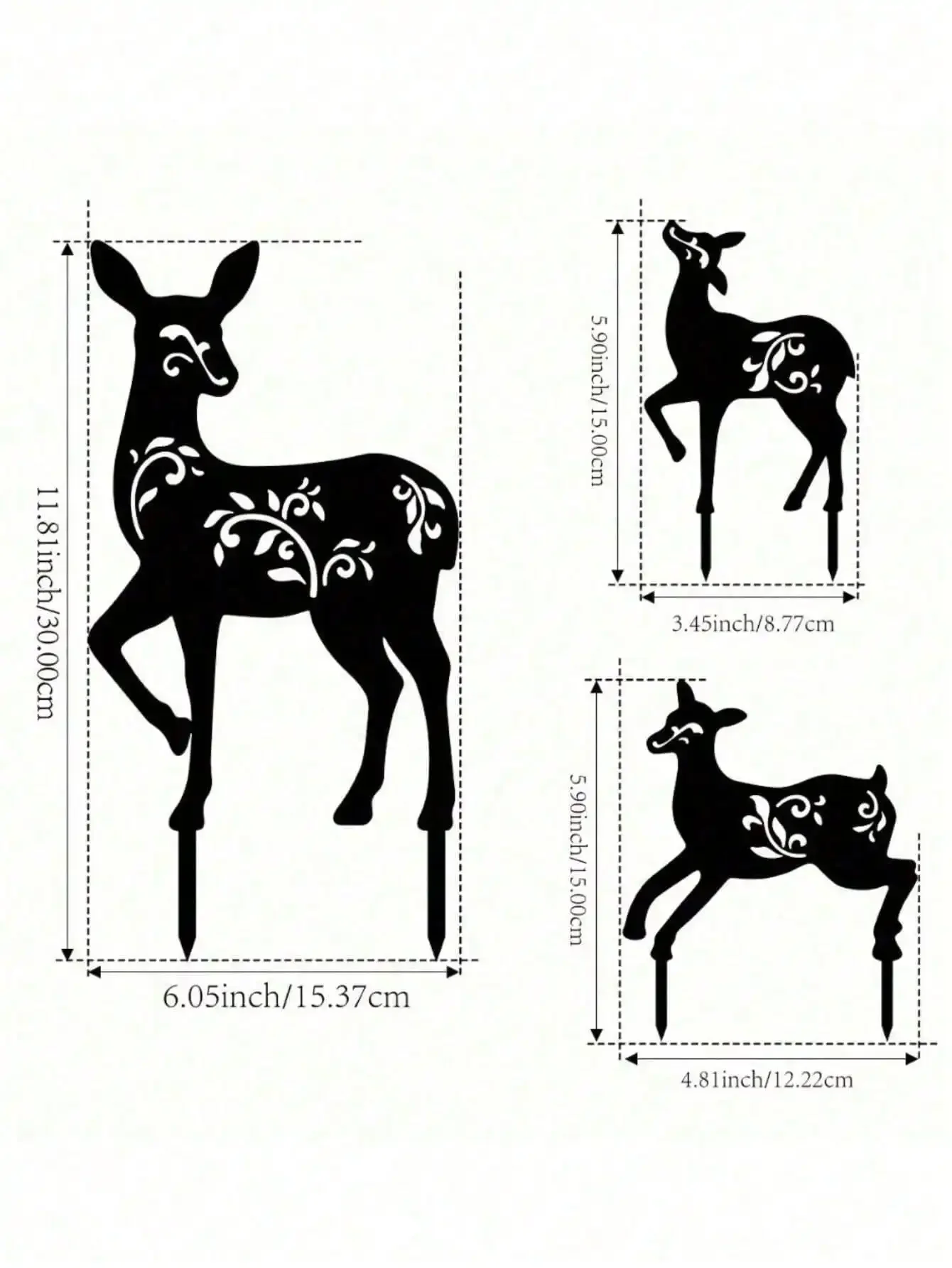 3-Pack Vintage Black Metal Deer Garden Stakes. Rustic wrought iron outdoor decor for yard, patio & farmhouse.