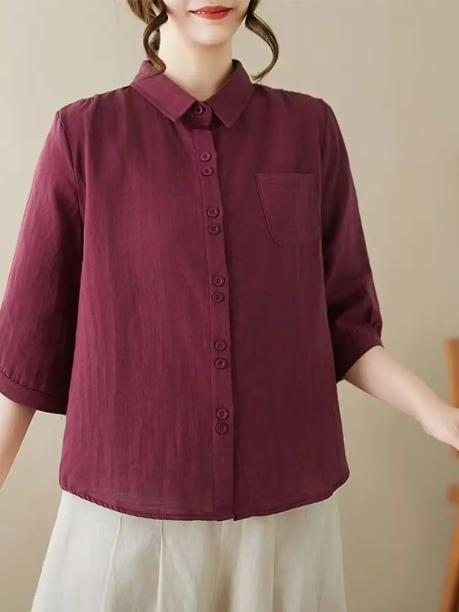 

Summer New Style Women's Loose Fit Cotton Linen Shirt Seven-Quarter Sleeve Color Top Slimming Casual Artistic
