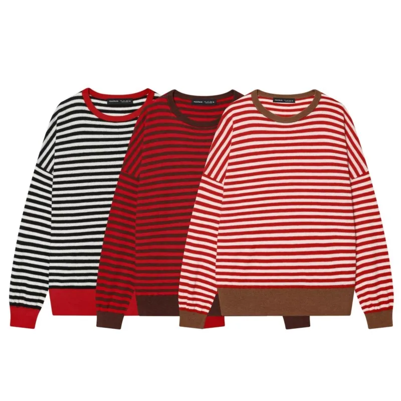 

Spring Women Striped Jumper Casual O Neck Long Sleeve Simple Vintage Loose Women's Sweater Elastic Patchwork Hem Female Tops