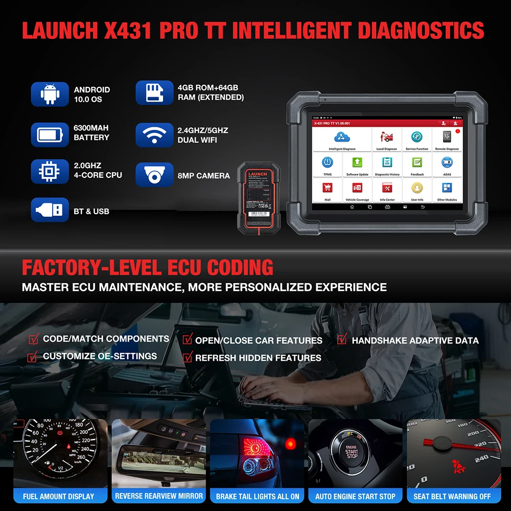 LAUNCH X431 PRO TT Full System Diagnostic Tool OBD2 Scanner ECU Coding Active Test 38 Resets Support CANFD DIOP 2 Years Free