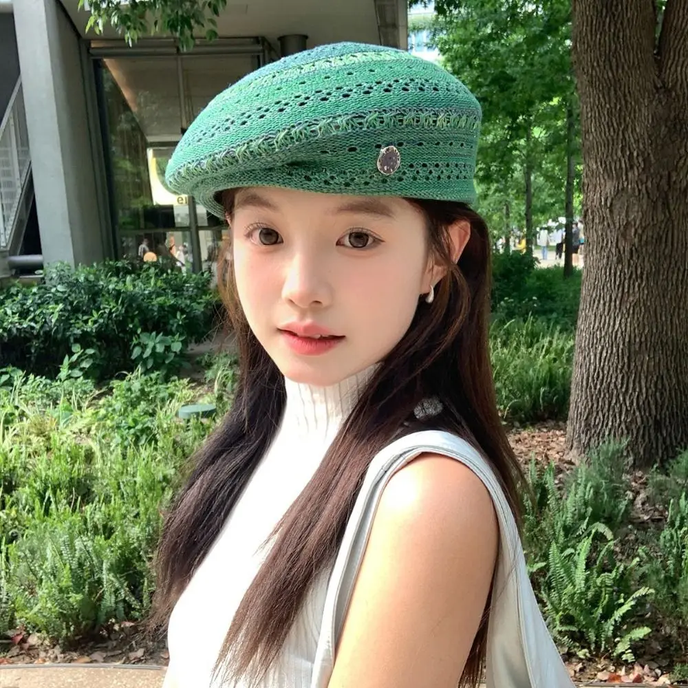 

Japanese Style Hollowed Out Beret Hat Fashionable Thin Weave Painter Hat Vintage Fresh Color Crochet Knitted Cap Holiday